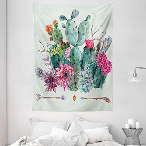 Ambesonne Cactus Tapestry, Spring Garden with Boho Style Bouquet of Thorny Plants Blossoms Arrows Feathers, Wall Hanging for Bedroom Living Room Dorm, 60" X 80", White Pearl