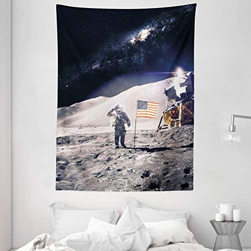 Ambesonne Space Tapestry, Astronaut on Moon with American Flag Invasion Rocket Cosmonaut Mission Photo Print, Wall Hanging for Bedroom Living Room Dorm, 60" X 80", Taupe Blue