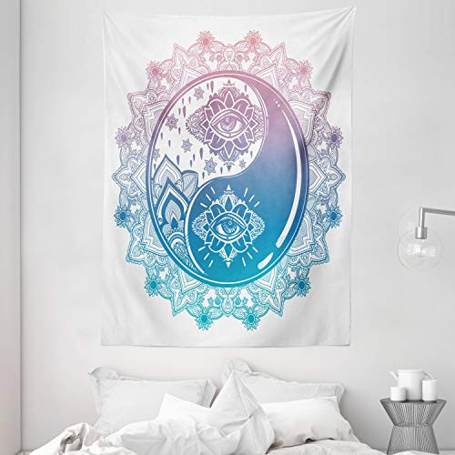Ambesonne Ying Yang Tapestry, Mandala Round Ombre Pattern with Yin Yang Third Eye Cultural Mystic Art, Wall Hanging for Bedroom Living Room Dorm, 60" X 80", Pink Blue