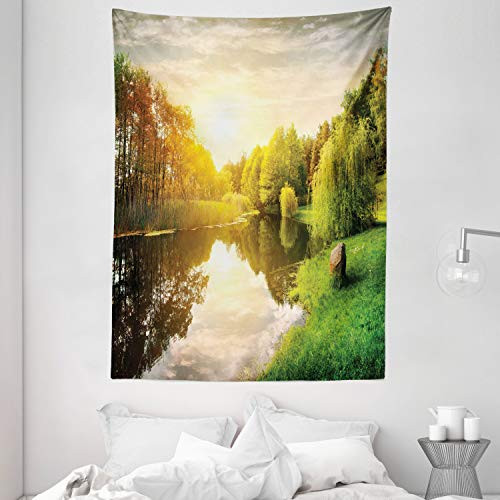 Ambesonne Landscape Tapestry, Sunset Over Calm River Grass Willow Trees Grass Rocks Reflection Clouds, Wall Hanging for Bedroom Living Room Dorm Decor, 60" X 80", Green Blue White