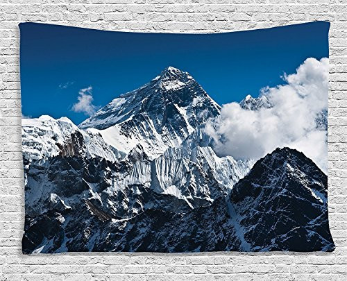 Ambesonne Mountain Tapestry, Everest Peak Landscape Clouds on Wild Snowy Summit Nobody in The Nature Theme, Wide Wall Hanging for Bedroom Living Room Dorm, 80" X 60", White Blue