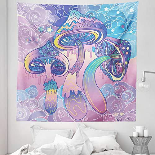 Lunarable Mushroom Tapestry Queen Size, Trippy Drawing Hippie Design Sixties Visionary Psychedelic Shamanic, Wall Hanging Bedspread Bed Cover Wall Decor, 88" X 88", Pink Purple