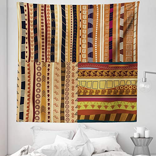 Lunarable Tribal Tapestry Queen Size, Motifs with Spinning Weaving Style Lines Timeless Continent Art Bohemian, Wall Hanging Bedspread Bed Cover Wall Decor, 88" X 88", Brown