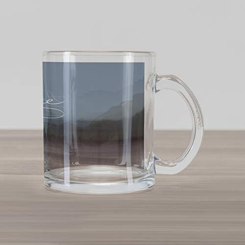 Ambesonne Adventure Awaits Glass Mug, Kayak in a Mountain Lake at Night Camping Activity Lifestyle Words, Printed Clear Glass Coffee Mug Cup for Beverages Water Tea Drinks, Purple Grey Teal