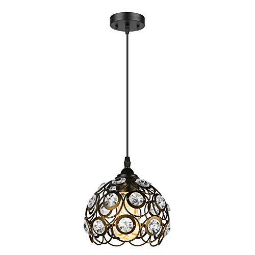 Creyer Crystal Pendant Lighting Black, Modern Creative Metal Shade with Dazzling Crystals Pendant Light, Hanging Lights, E26 Base, (Bulb Not Included)