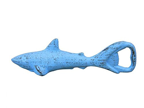 Hampton Nautical k-008-solid-light-blue Rustic Light Blue Cast Iron Shark Bottle Opener 6" - Cast Iron Decoration - Antique Vintage Cast Iron