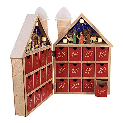 Kurt Adler Kurt S. Adler 11.81-Inch Battery-Operated Wooden LED Nativity Advent Calendar, Multi