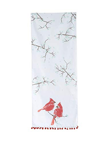 Creative Co-op Cardinals Cotton Table Runner Pom Trim Entertaining Textiles, White
