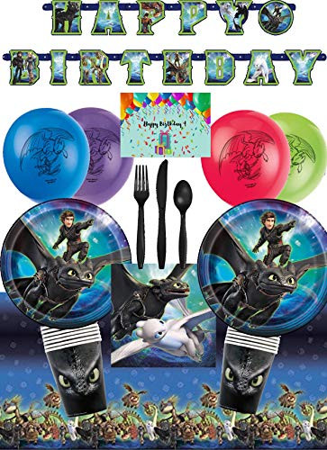 How To Train Your Dragon 3 Party Supplies and Birthday Decorations for 16 - Plates, Napkins, Cups, Table Cover, Banner, Balloons, Cutlery and Birthday Card by JPMD
