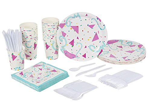 Geometric Confetti Party Plates, Napkins and Cutlery Party Supplies (Serves 24, 144 Pieces)