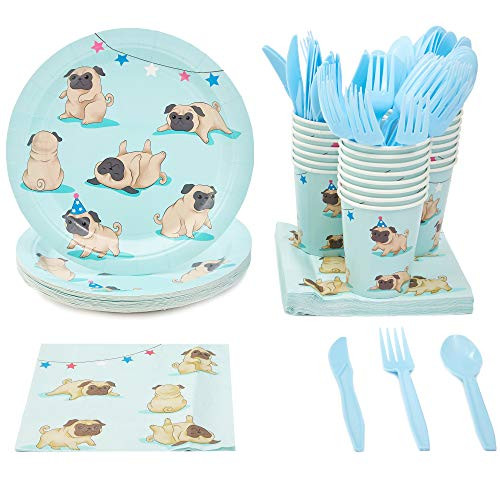 Pug Party Plates, Napkins and Cutlery Party Supplies (Serves 24, 144 Pieces)