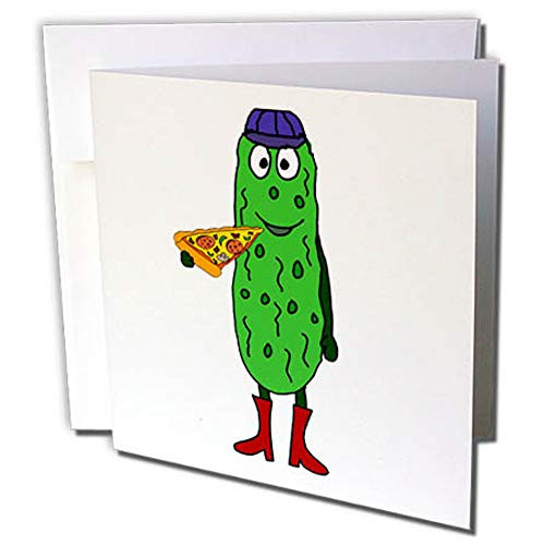 3dRose Funny Cute Pickle Eating Pizza Slice Greeting Card (gc_255734_1)