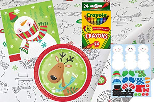 TLP Online Kids Christmas Table Coloring and Activity Party Supply Pack: Bundle Includes Plates, Napkins, Stickers, Crayons and Paper Activity Table Cover for up to 8 Guests