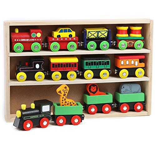 On Track USA Magnetic Wooden Engine Train Cars 12 Piece Train Tracks Accessories Set - Includes Engine Cars, Road Car, and Zoo Train for Toddler Kids, Boys and Girls Compatible with All Major Brands