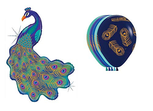 42" Glitter Peacock Foil Balloon & (5) Peacock Feather Print Latex Balloon Bundle
