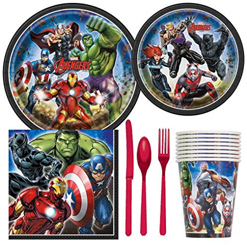 Marvel Avengers Superhero Birthday Party Supplies Pack Including Cake & Lunch Plates, Cutlery, Cups & Napkins for 8 Guests