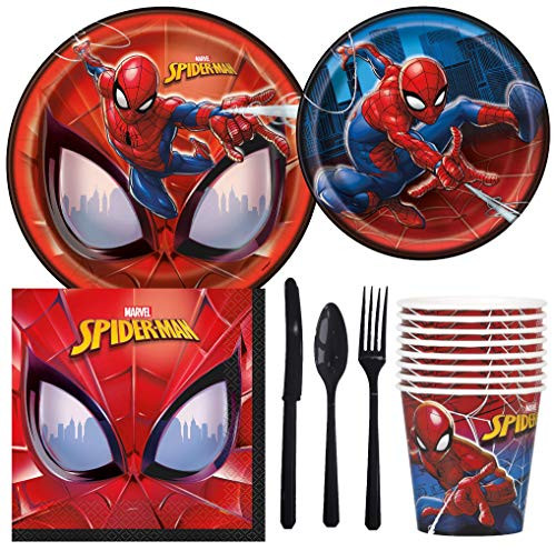 Marvel Spiderman Birthday Party Supplies Pack Including Cake & Lunch Plates, Cutlery, Cups, Napkins (8 Guests)