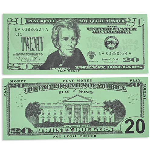Learning Advantage Twenty Dollar Play Bills - Set of 100 $20 Paper Bills - Designed and Sized Like Real US Currency - Teach Currency, Counting and Math with Play Money