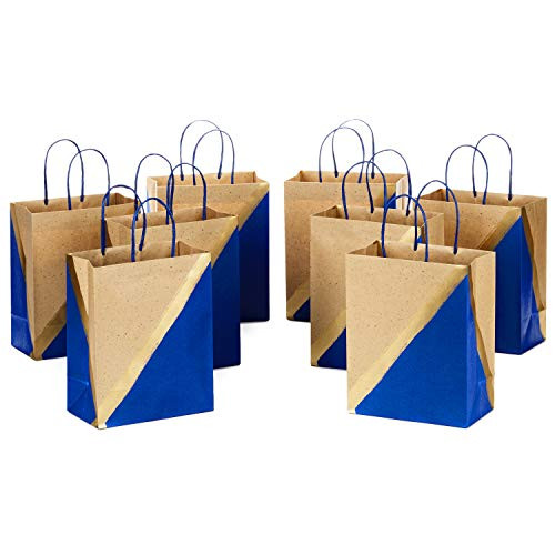 Hallmark 9" Medium Paper Gift Bags - Blue and Kraft (Pack of 8 for Hanukkah, Birthdays, Weddings, Father's Day, Baby Showers, Anniversaries and More)