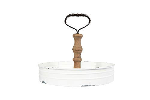 Creative Co-op Round Metal & Wood Tray with Handle Decorative Accents, White
