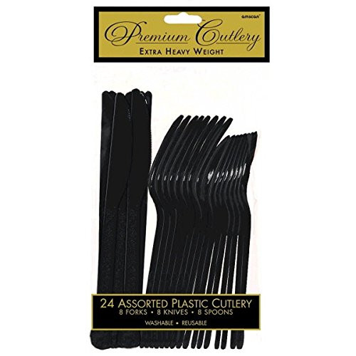 Premium Heavy Weight Assorted Cutlery | Jet Black | Pack of 24 | Party Supply
