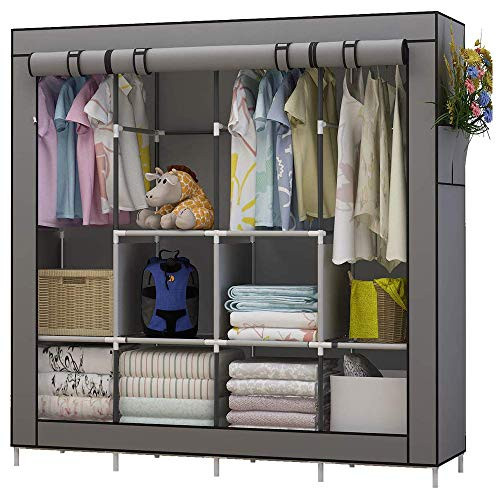 UDEAR Portable Closet Large Wardrobe Closet Clothes Organizer with 6 Storage Shelves, 4 Hanging Sections 4 Side Pockets,Grey