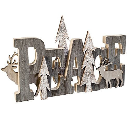 Kurt Adler Kurt S. Adler Wooden Gray Deer and Trees Peace Tablepiece