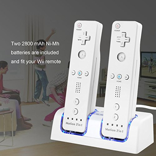 TechKen Wii Remote Battery Charger Station, Dual LED Lighting Charger Dock with 2 Rechargeable Batteries for Wii/Wii U Remote Control, 2 Free Controller Batteries for Wii/Wii U