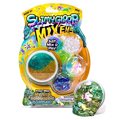SLIMYGLOOP Mix'Ems by Horizon Group USA- Mystical Holographic, Mix & Create Your Own Green & Gold Sparkly Gooey, Putty, Slime with Confetti, Mermaid & Unicorn Add Ins