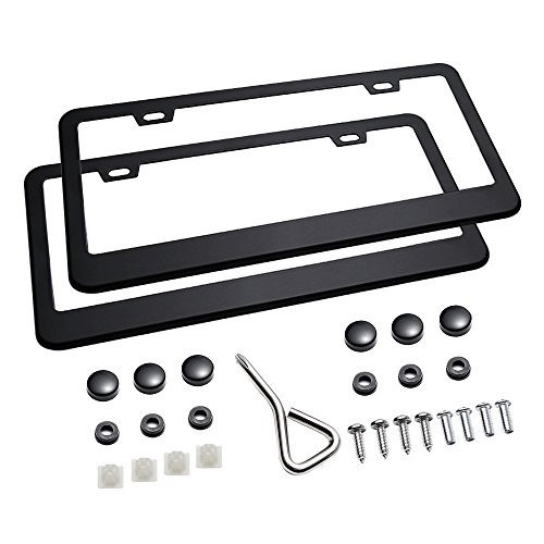 Ohuhu Matte Aluminum License Plate Frame with Chrome Screw Caps, 2Pcs 2 Holes Black Licenses Plates Frames, Car Licenses Plate Covers Holders For US Vehicles