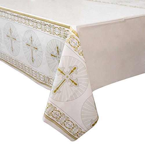Gold & Silver Radiant Cross Religious Plastic Tablecloth, 84" x 54"