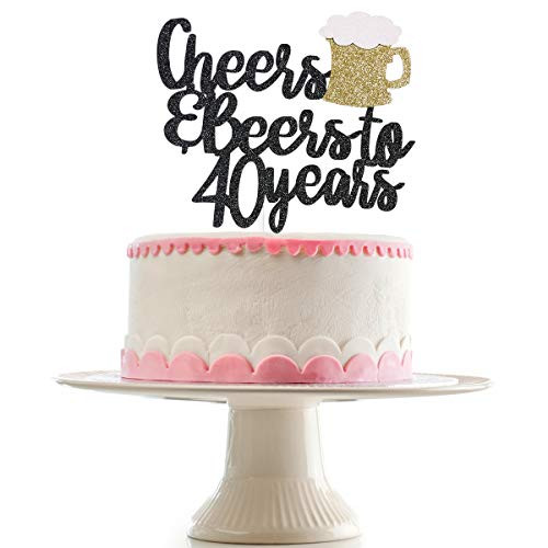 Black Glittery Cheers & Beers To 40 Years Cake Topper for 40th Birthday Party Wedding Anniversary Party Decoration Supplies