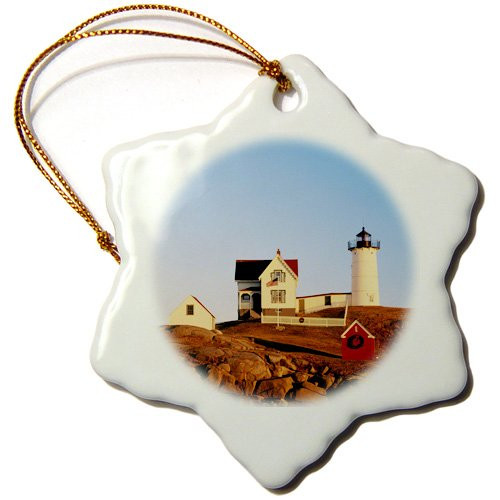 3dRose ORN_192163_1 USA, Maine, Cape Neddick, York, Nubble Lighthouse. Snowflake Ornament, Porcelain, 3-Inch
