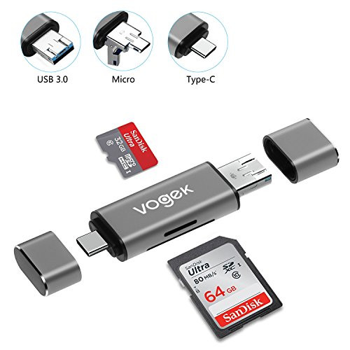 SD Card Reader, VOGEK 3-in-1 USB 3.0 / USB C/Micro USB Card Reader - SD, Micro SD, SDXC, SDHC, Micro SDHC, Micro SDXC Memory Card Reader for MacBook PC Tablets Smartphones with OTG Function, Gray
