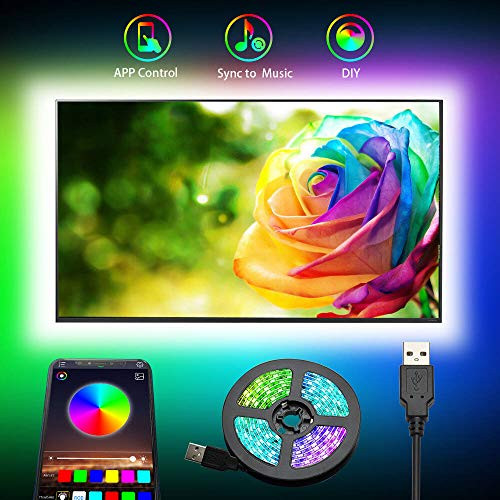 Romwish TV LED Backlights, 9.8ft LED Strip Lights with Bluetooth APP Control for 46-60 inch TV, 16 Million Colors, Music Sync Color Changing + Sensitive Mic + Timing Function, Adapter USB Powered