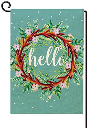 Agantree art Wreath Hello Winter Christmas Garden Flag, Vertical Double Sided Winter Burlap Yard Flag Decor 12 x 18 Inch