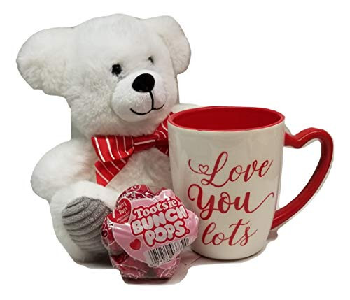 Celebrate Valentines Gift Set ~ Love You Lots Mug & Plush White Bear with Tootsie Bunch Pops
