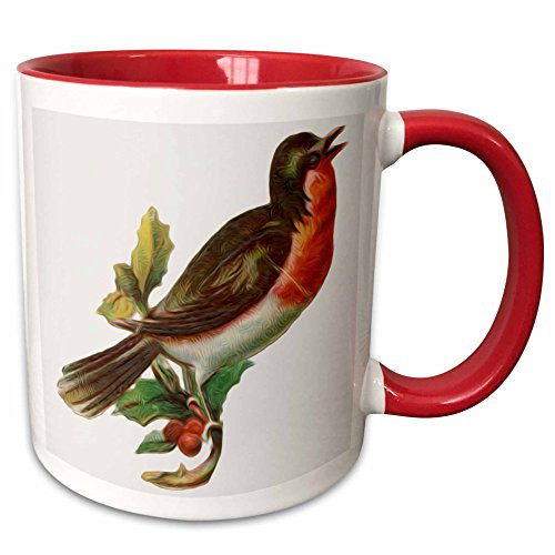 3dRose 104662_5 Vintage Breasted Robin Perched On Holly Branch Bird Illustration Ceramic Mug, 11 oz, Red/White