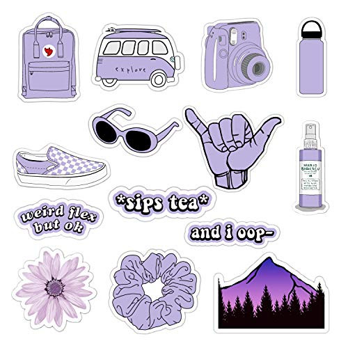 VSCO Vinyl Stickers for Hydro Flask, Water Bottle Stickers for Laptop Guitar Computer Phone Luggage Skateboard, Aesthetic, Trendy, Cute - Basic VSCO Girl Essential Stuff Pack for Teen Girls (Purple)
