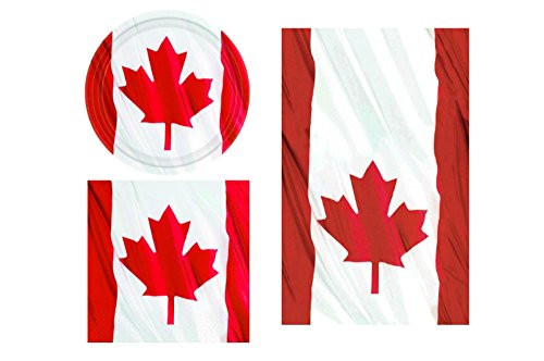 Waving Canadian Flag Patriotic Party Supplies: Bundle Includes: Dessert Plates, Napkins, and Table Cover for up to 12 Guests
