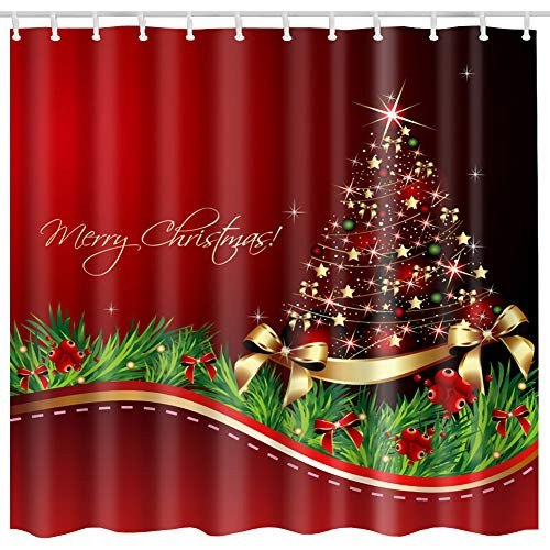 BROSHAN Christmas Tree Shower Curtain Sets, Xmas Tree with Shining Ornaments Bowknot Print Bath Art Curtain for New Year, Merry Christmas Fabric Bathroom Decor Set with Hooks, 72 x 72 inch