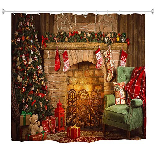BROSHAN Vintage Christmas Shower Curtain Set, Merry Xmas Tree Ornament Fireplace with Stocking Art Print Holiday Bath Curtain, Country Christmas Shower Curtains for Bathroom, 72 x 72 Inch