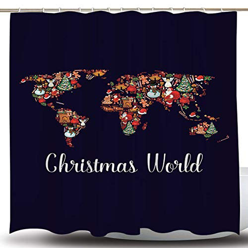 BROSHAN Black Shower Curtains for Christmas Bathroom Set, World Quote Colorful Map with Xmas Tree Ornaments Bath Art Curtain, Blue Fabric Holiday Bathroom Decor Set with Hooks, 72 x 72