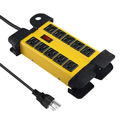 Industrial Metal Power Strip, 10 Outlet Heavy Duty Power Strip, Workshop Power Strip with 5.9FT 14AWG/3C Power Cord, 15A Circuit Breaker, Electrical Rating AC 15A 125V 60HZ 1875W ETL Listed