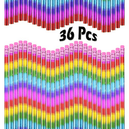 WFPLUS 36 Pieces Rainbow Pencil with Eraser Top - Colorful Neon Pencils For School Office Supplies and Classroom Rewards