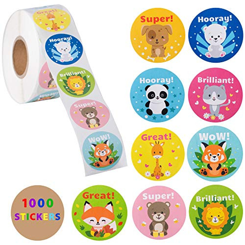1000 Stickers for Kids in A Roll - Teacher Reward Stickers 1.5 Inch - Cute Animal Stickers - School Reward Stickers - Motivation Stickers for Students - Teacher Sticker- 9 Designs 1000 Stickers