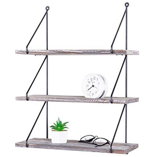 MyGift 3-Tier Torched Wood & Black Metal Wire Wall Mounted Display Shelves