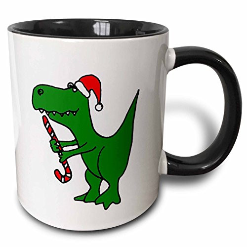 3dRose 200176_4 Funny Trex Dinosaur in Santa Hat with Candy Cane Mug, 11 oz, Black/Green