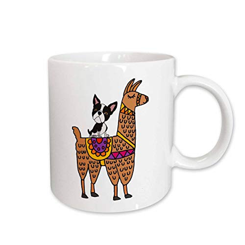 3dRose 270055_2 Funny Cool Boston Terrier Dog Riding Llama Cartoon Mug, 15-oz