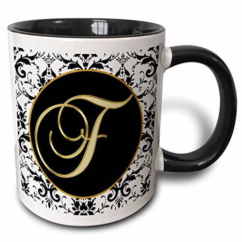3dRose 256271_4 Image Of The Script Letter F In Black White And Gold Mug, 11 oz